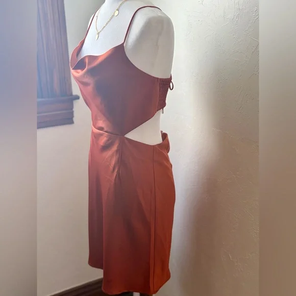 Satin Burnt Orange Cowl Neck Mini Dress Open Back Slip Date Night ACOA M - Picture 5 of 10